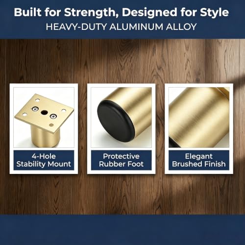 4 Pcs 2 Inch Round Adjustable Aluminum Alloy Furniture Legs, Heavy Duty Support for Cabinet Table Sofa Chair Bed Desk, Replacement Feet for Shelves & DIY Projects, Gold - color: Gold