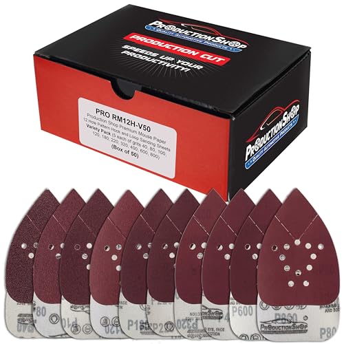 ProductionShop Premium 12-Hole Pattern Mouse Detail Sander Sandpaper Sheets, 50 Disc Variety Pack, Grits 40, 80, 100, 120, 180, 220, 320, 400, 600, 800 - Hook & Loop Disc - Fits Black and Decker - style: Variety Pack 50