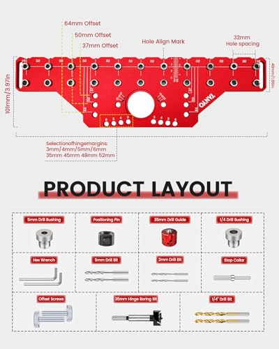 TANYO 2 In 1 Shelf Pin Jig and Hinge Jig, 35mm Drill Bits, Cabinet Hardware - color: Red, size: 11 Hole
