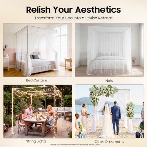 6.56x6.56x6.56Ft Canopy Bed Frame, Four Corner King Canopy Bed Frame Stainless Steel Metal Frame Bracket Tee Connectors for Bedroom Decor (White)