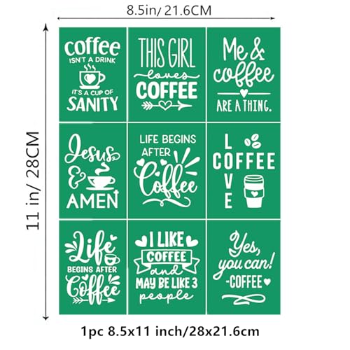 JAJADO Coffee Silk Screen Transfer Reusable Adhesive Stencils Coffee Quotes Reusable Silk Screen Stencils Chalk Paste Paint Stencil for Crafts on Wood/Fabric/Wall/Cup/Plate/Glass/Paper 8.5x11“ - color: Coffee Sayings 8.5x11 inch