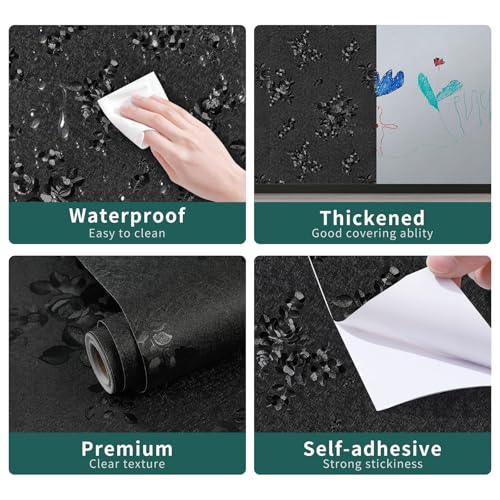 17.3"x590.5" Black Peel and Stick Wallpaper Modern Floral Contact Paper - color: Black, size: 17.3" x 590.5"