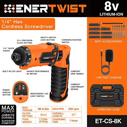 Enertwist 8V Cordless Electric Screwdriver Set with 1.5Hr Fast Rechargeable - style: 82PCS 8V ORANGE PRO