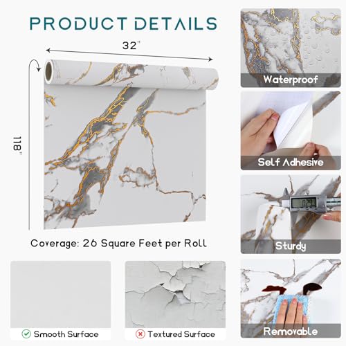 VEELIKE Wide Luxurious White Gold Marble Contact Paper for Countertops Peel and Stick Waterproof Kitchen Countertop Contact Paper 32''x118'' Matte Marble Wallpaper Adhesive Counter Paper for Desk Wall - size: 32" x 118"