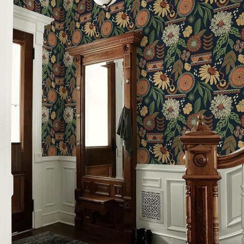 Simon&Siff Boho Sun Floral Retro Peel and Stick Wallpaper 17.3" x 800" - color: Blue, size: 17.3" x 800"