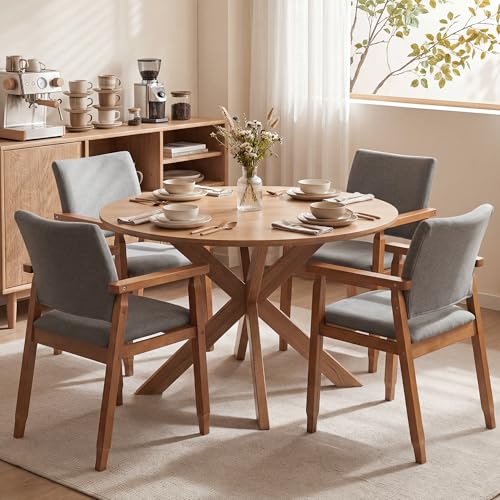 GOTMINSI Linen Fabric Dining Chair with Arms, Solid Wood Frame, 320 lbs Load Capacity, Mid-Century Modern Upholstered Side Chair for Kitchen, Dining Room, Living Room (Grey, 5pcs) - color: Grey, size: 5pcs
