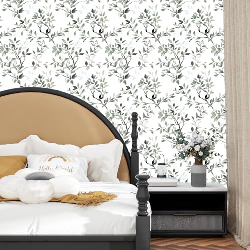 ILHIIOR Green Leaf Peel and Stick Wallpaper Boho 17.5 x 393 Inches - color: Green&White, size: 17.5" x 393"