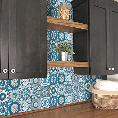 Easy Peel Stick Vinyl Moroccan Tile Decals 4x4in Stick on backsplash,24Pc - color: Cyan Mandala 3.93x3.93