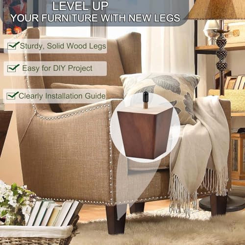 Santoy 4 Inch Solid Wood Furniture Legs Pack of 4 – Brown Square Sofa Leg Mid-Century Modern Replacement Feet for Armchair, Recliner, Couch, Coffee Table, Cabinet, Chair and Dresser