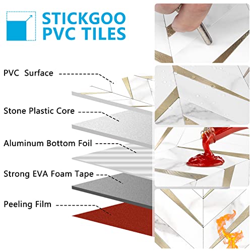 STICKGOO Herringbone Tile Peel and Stick Backsplash for Kitchen&Bathroom - color: White Marble Mixed Gold