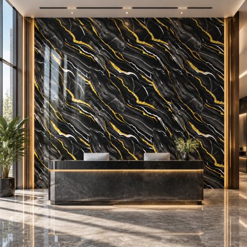 Black Holographic Gold Marble Peel & Stick Wallpaper 23.6 x 118 in - color: Black Holographic Gold Marble, size: 23.6" x 118"