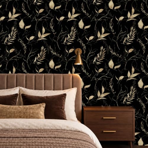 Dark Black and Gold Leaf Peel and Stick Wallpaper 17.7" x 59" - color: Black&Gold, size: 17.7" x 59"