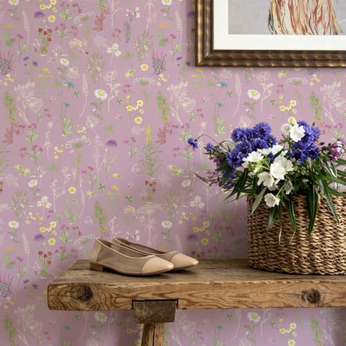 JiffDiff Purple Botanical Floral Peel and Stick Wallpaper, 17.3" x 472" - color: Purple, size: 17.3" x 472"