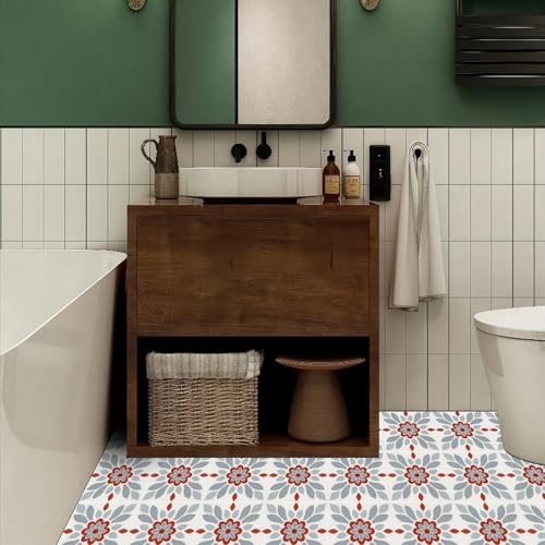 HOMETITUTE Nordic Red Grey Flower Peel Stick Floor 12x12 in Vinyl Flooring - color: Red