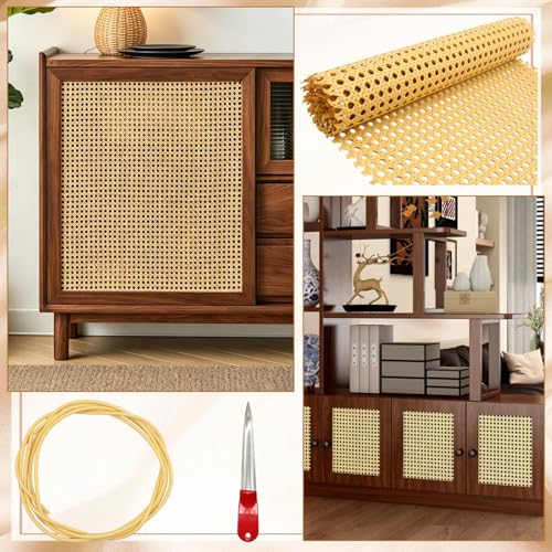 Rattan Repair Kit Includes 14 in X 7.2ft Rattan Cane Webbing Roll, Spline, Wooden Wedges, Caning Chisel, Cane Chair Repair Kit Caning Material for Chairs, Cabinets, Diy Home Projects