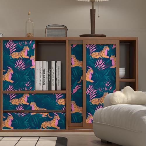 BOKEBEVE Tropical Tiger Wallpaper Peel and Stick Green Pink 17.5 x 118In - color: Green/Orange/Pink, size: 17.5" x 118"
