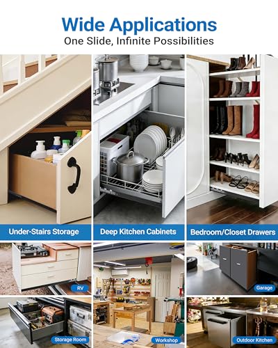 Heavy Duty Under-Stair Drawer Slides, 16/24/32/40 Inch Full Extension Bottom Mount Rail, 265 lb Load Capacity Ball Bearing Slide for Under-Stair Cabinet & Deep Storage, 1 Pair - size: 16 Inch