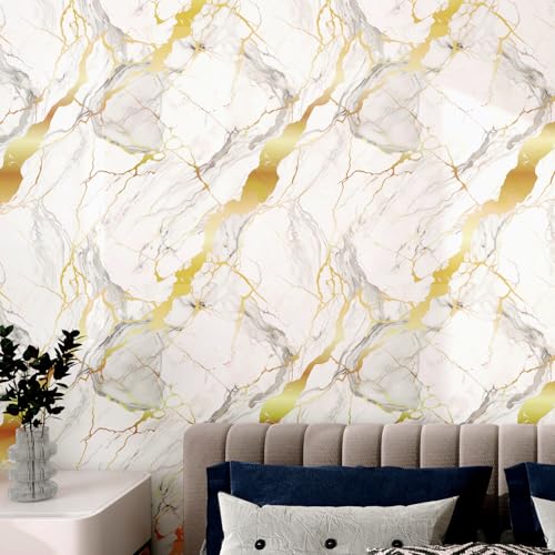 Haimin Wall Panels Peel and Stick 10 Pieces 23.6x11.8in (19.4 Sq. Ft. Coverage) Lightweight Backsplash Marble Look Tile (not Real Marble) Ideal for Kitchen Bathrooms Living Rooms Bedrooms - color: White Gold-03