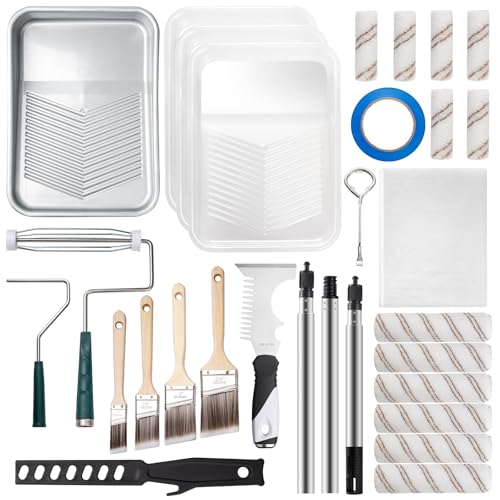 Mister Rui 28 Pack Paint Roller Kit with Extension Pole - size: 28 Pack 9 Inch Paint Roller Kit & Extension Pole