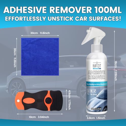 Car Adhesive Remover Spray – Glue & Sticker Remover for Car Paint, Glass & Windows, Removes Decals, Tape & Label Residue – Automotive Adhesive Cleaner Kit with Scraper & Towel, 3.4oz/100ml