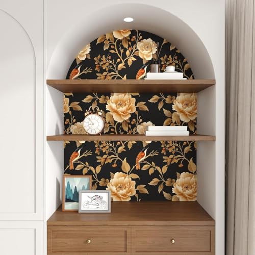 Laatse Dark Floral Bird Wallpaper Peel and Stick 17.5"x 393",Black/Golden - color: Black and Gold Bird, size: 17.5" x 393"