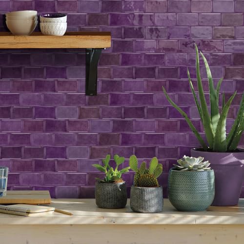 Alwayspon 6x12inchx10Pcs Self Adhesive Wall Tile Sticker, Peel and Stick Adhesive Waterproof Backsplash Stick on Tile Decals for Kitchen Bathroom Wall, Deep Purple - color: Deep Purple