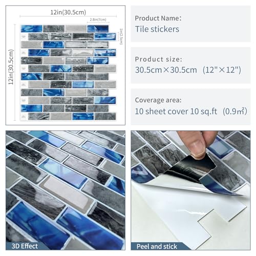 DEWOO Peel and Stick Backsplash 3D Self Adhesive Wall Tile Blue 10 Sheet - color: Marble Blue