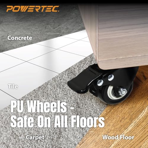 POWERTEC 2 Inch Caster Wheels Set of 4, 3/8"-16 x 1 Stem Casters - 2 Casters W/Dual Locking Break - Heavy Duty 350 lbs, 360° Swivel, PU Castor Wheels for Furniture, Carts, Trolleys, Toolboxes (17220)
