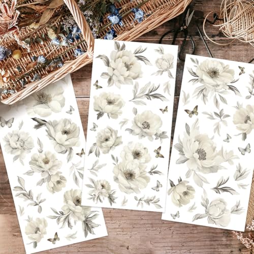 OLYCRAFT 3pcs/Set Ivory Flowers Rub on Transfers for Furniture and Crafts 6x12 inch White Flowers Furniture Decals Flower Theme Transfer Stickers Rub on Decals for Wood Furnitures Home Decor - style: Ivory Flower