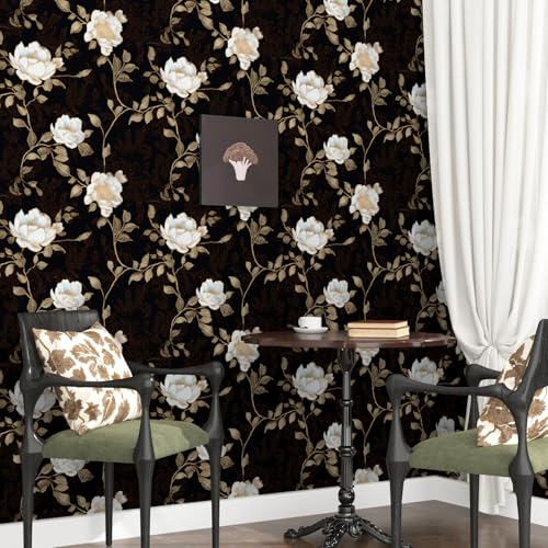 Black White Retro Floral Peel and Stick Wallpaper 17.5" x 78.8" - color: White, size: 78.8" x 17.5"