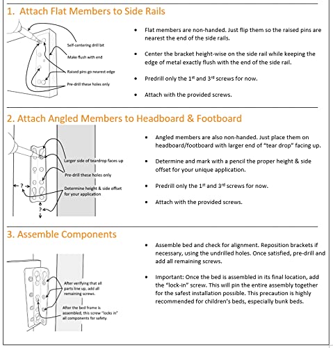 Set of 4 - No Mortise Bed Frame Brackets - Connects Headboard & Footboard to Side Rails - Screws & Instructions Included - size: Full