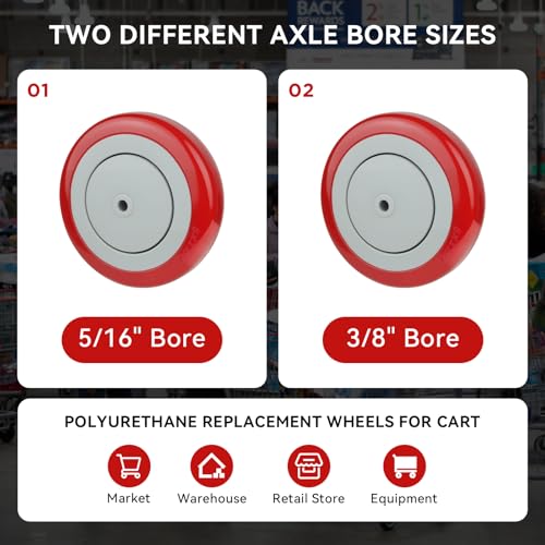 5" Wheels for Cart, 5/16" Axle Polyurethane Shopping Cart Wheels Replacement Casters 1200lbs Total Capacity (4-Pack 5/16" Bore, Red) - style: Red(5/16'' Bore)