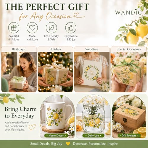 WANDIC 3 Sheets Rub On Transfer Stickers, Lemon Flowers Pattern Waterproof Decals Furniture Craft Embellishments for DIY Scrapbooking Photo Albums,15 * 30cm - color: Yellow