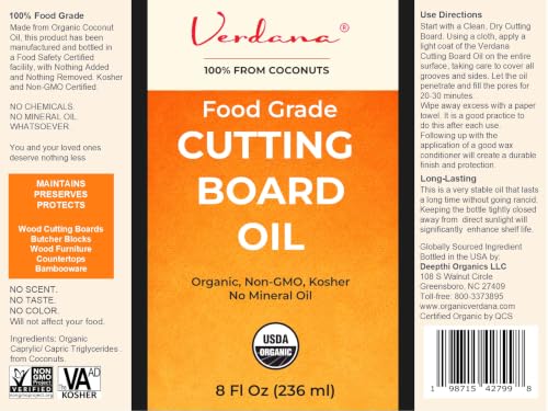 Verdana Food Grade Cutting Board Oil – Organic Coconut-Derived, Food Safe Mineral Oil Alternative for Butcher Block, Bamboo & Wooden Utensils – Kosher, Non-GMO, 8 fl oz