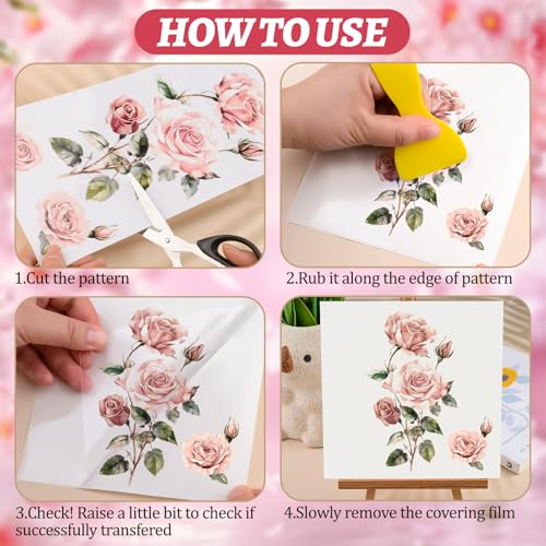 Flowers Rub On Transfers for Furniture and Crafts, 3pcs Pink Rose Flowers Transfers Stickers Waterproof Decals for Bookcase Wardrobe DIY Home Door - color: Pink Roses