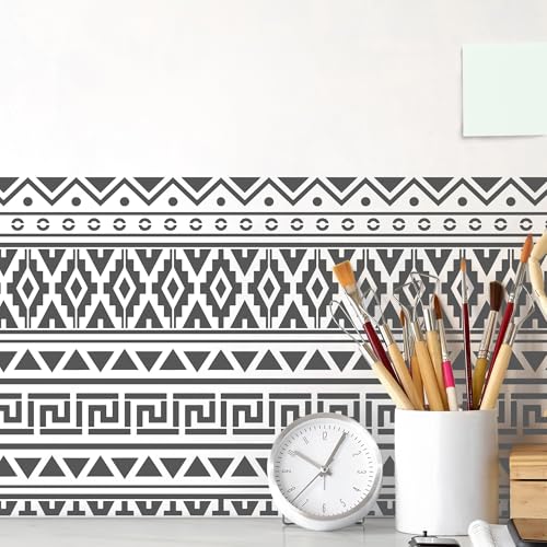 Sistink Reusable Aztec Stencils for Painting - 8 Pcs Tribal Stencils for Crafts Reusable, Boho Corner Stencil for Painting, DIY Aztec Templates on Wood Cabinets Wall Decor - style: aztec