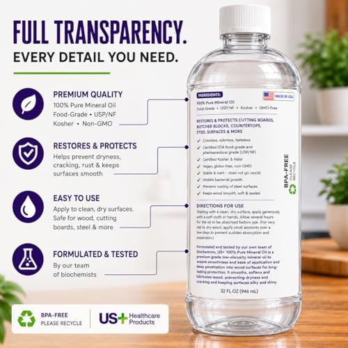 US+ 32oz 100% Pure Mineral Oil - Cutting Board Oil - Food-Grade - USP - Restores & Protects Cutting Boards, Butcher Blocks, Countertops, Steel Surfaces & More (Pack of 2) - size: 32 Fl Oz (Pack of 2)