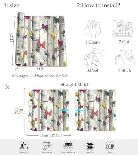 Birch Tree Peel and Stick Wallpaper, Butterfly Woodland Nature Wallpaper - color: ML-M095, size: 17.7" x 118"