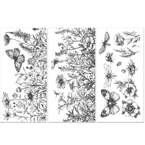 PLIGREAT 3 Sheets Black Flowers Rub on Transfer for Furniture 6"x12" Sketch Floral Butterfly Craft Transfer Rub on Dressers Wardrobe Decor Insect Transfers Decals for Scrapbooking Crafts Decorative - style: Sketch Flower