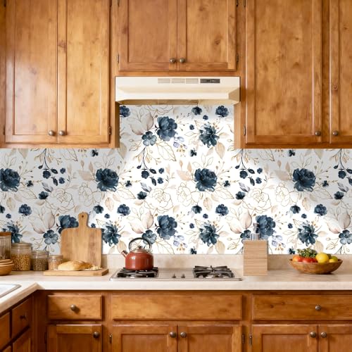 Navy Blue Floral Peel and Stick Wallpaper 17.7"x393.3" - color: Navy Blue/White/Gold/Beige, size: 17.7" x 393.3"