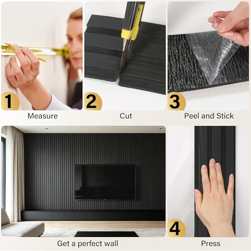 KASARO 5 Pieces Faux Wood Slat Wall Panel, Peel and Stick EVA Decor, Black - color: Black