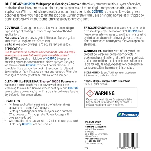 BLUE BEAR 605PRO: Multipurpose Coatings Remover – Professional, Low-Odor, Non-Caustic Formula Removes Paint, Varnish, Enamel & Urethane from Wood, Metal, Concrete & Masonry – 5 Gal
