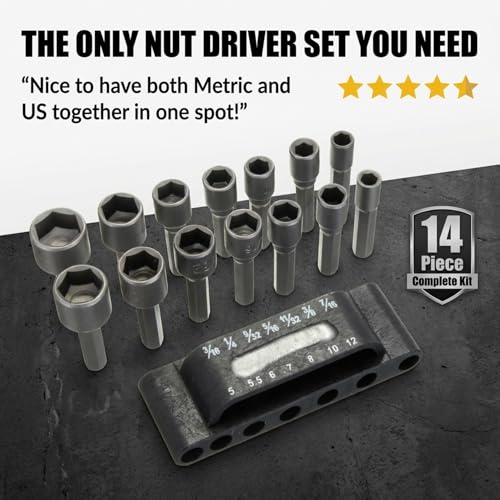 Drilax 14-Pc Nut Driver Bit Set, SAE & Metric, 1/4 in Hex, Impact Ready