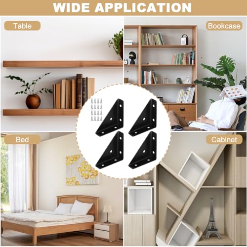 Triangle Corner Braces Brackets, 4Pcs 66 x 66mm Black Angle Shelf Brackets with Screws, Steel Braces Joining Support Joint Fasteners for Table, Chair Cabinet Bed