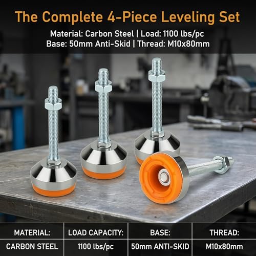 Heavy Duty Leveling feet, 1.95" Dia Base,M10 Thread,1100 lb Capacity,4Pcs - size: D1.95in x M10 x H3.15in