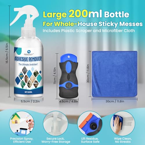 PRAZISCHUTZ Adhesive Remover for Home Use - Fast Acting Spray Removes Stubborn Glue, Sticker & Tape Residue from Floors, Glass, Wood, Tile - Safe on Finished Surfaces, No Residue, No Damage - 6.8oz