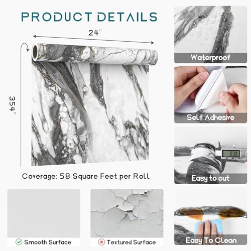VEELIKE Modern Black and White Marble Contact Paper for Countertops Waterproof Peel and Stick Countertops for Kitchen Bathroom 24''x354'' Marble Counter Top Wallpaper Self Adhesive Vinyl Countertop - size: 24" x 354"