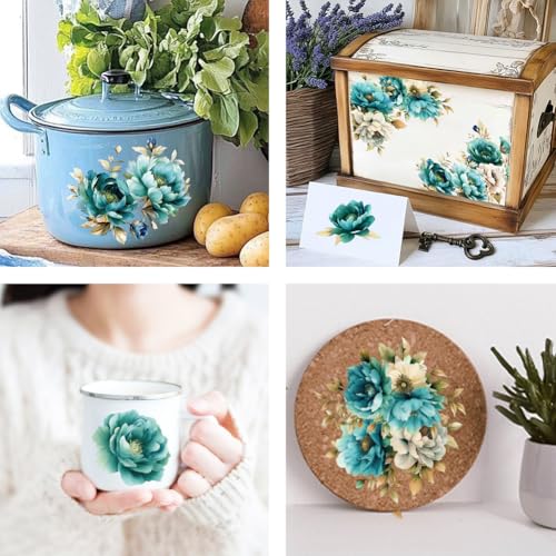 OLYCRAFT 3Pcs/Set Blue Green Flower Rub on Transfers for Furniture and Craft 6x12 Inch Peony Furniture Decal Transfer Sticker Rub on Decal with 1pc Scraper for Scrapbook Window Home Decoration - style: Blue Green Flower