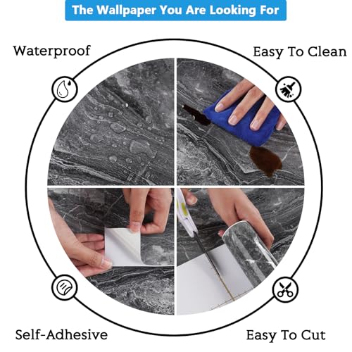 CRE8TIVE Dark Grey Silver Marble Contact Paper Waterproof 12"x354" Slate Marble Wallpaper Peel and Stick Countertops Self Adhesive Removable Kitchen Wallpaper Marble Vinyl Roll for Tables Shelf Liners - color: Glossy Dark Grey Silver, size: 12" x 354"