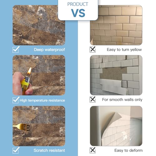 2026 New Upgrade Peel and Stick Backsplash Tile, Peel and Stick 11.34" X 11.57" Wall Tile for Kitchen, Bathroom, Fireplace, Laundry (Brown Stone Rock, 10 Packs) - color: Brown Stone Rock